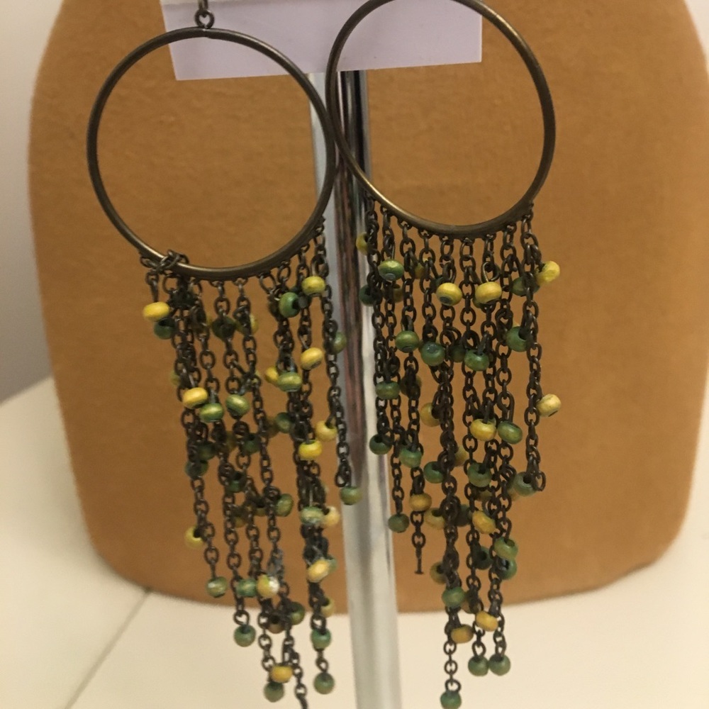 Dangle Hoop Earrings with Yellow and Green Beads